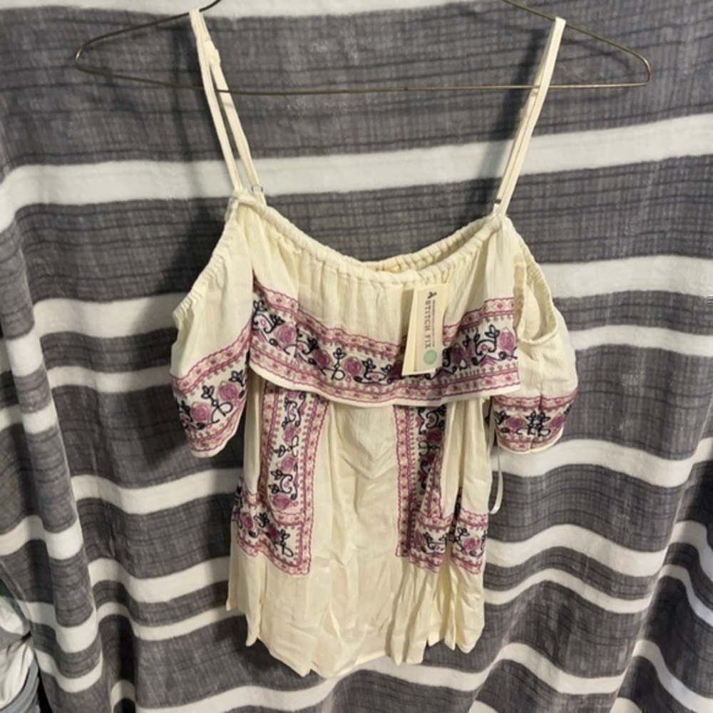 Off the Shoulder Cream Shirt with Pink Embroidered Details from Stitchfix